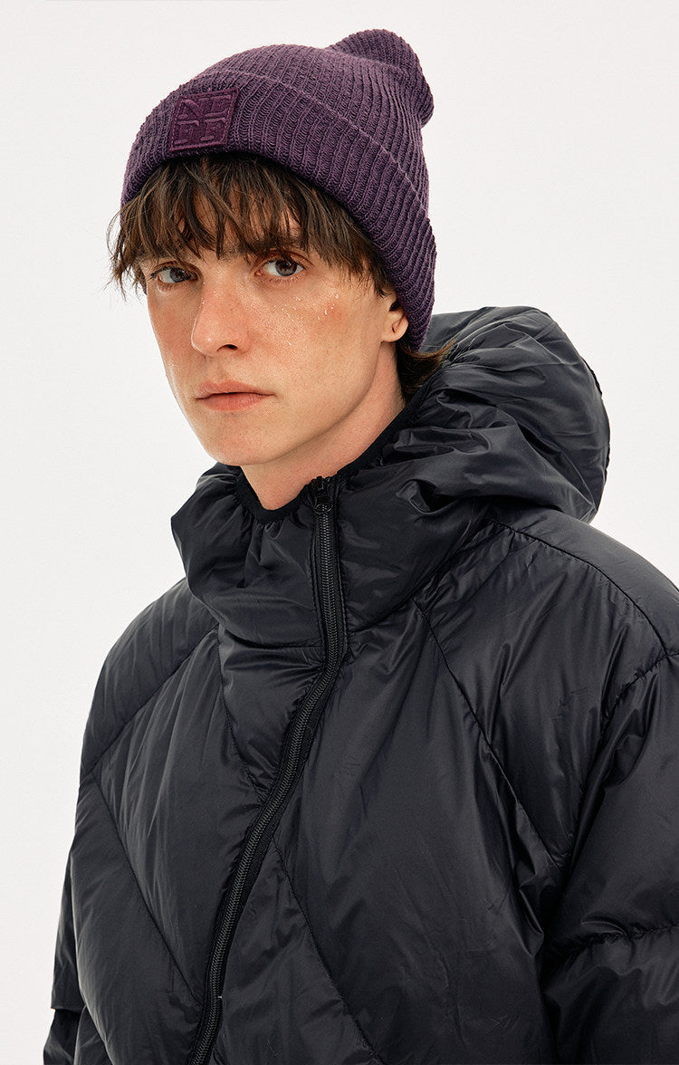 Diagonal Zipper Hooded Lightweight Down Jacket