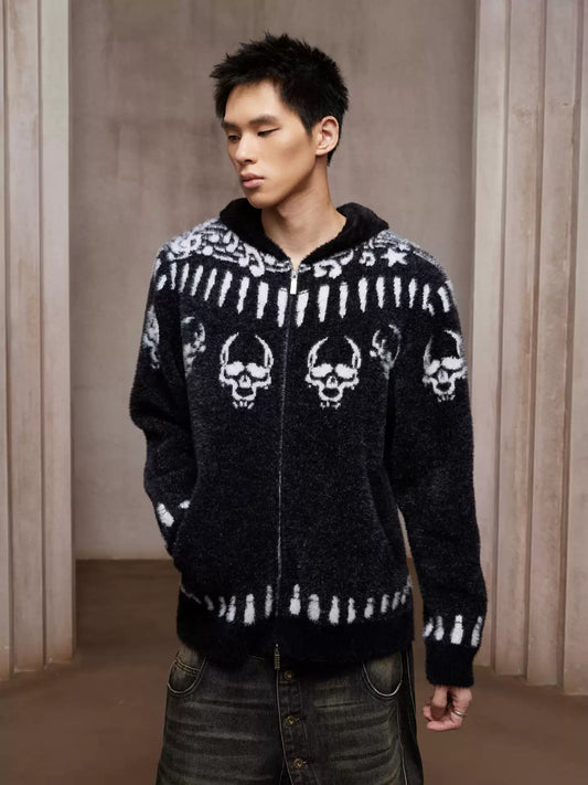 Skull Print Hooded Cardigan