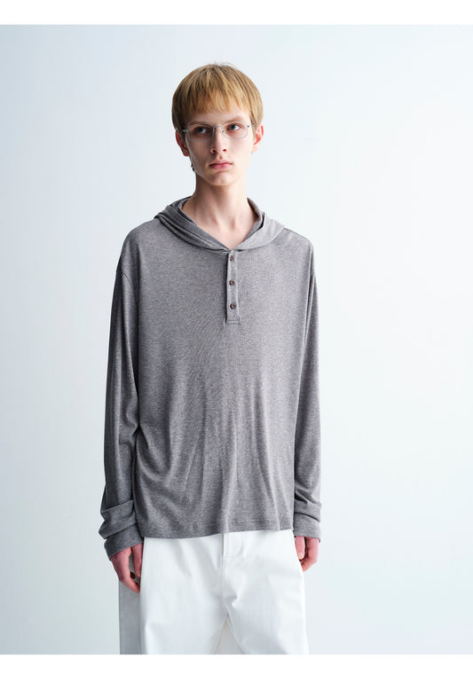 Drape Hooded Henley Collar T-Shirt
