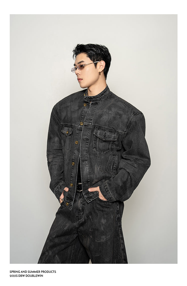 Mud-dyed distressed denim jacket set