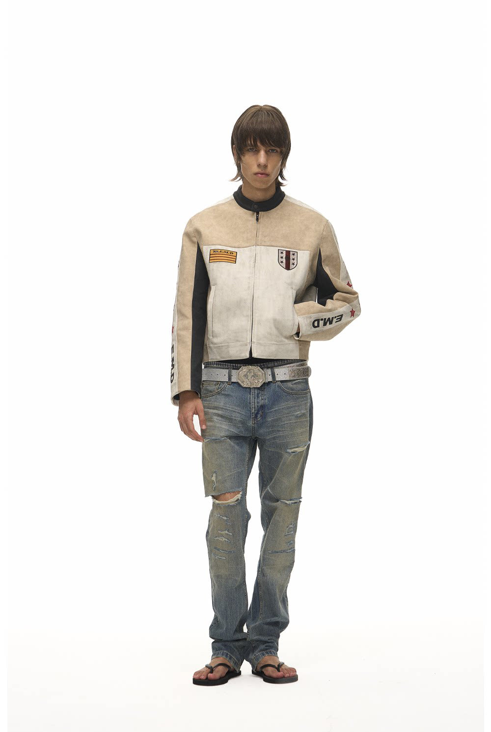 Color-Block Star Motorcycle Leather Jacket