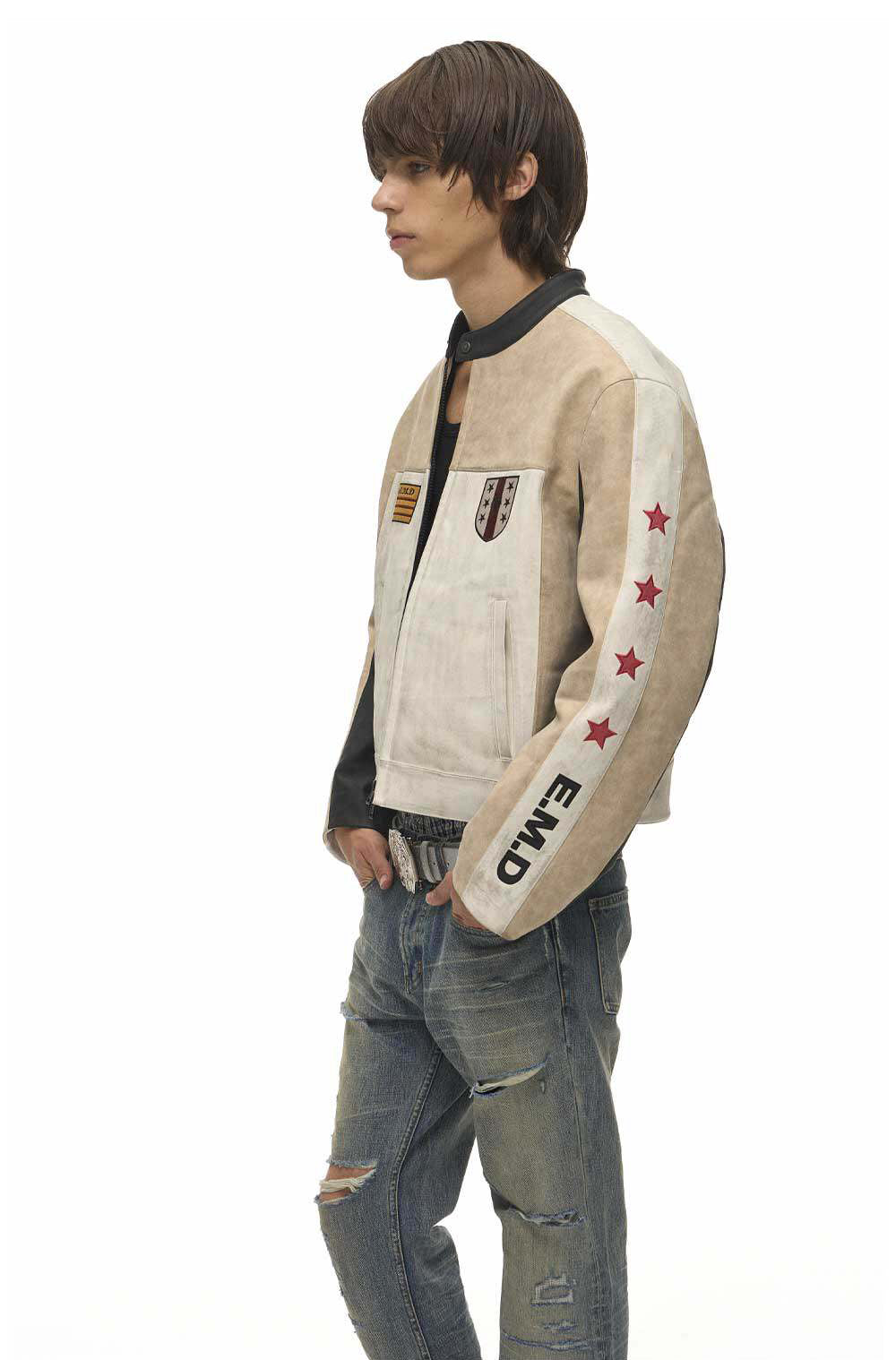 Color-Block Star Motorcycle Leather Jacket