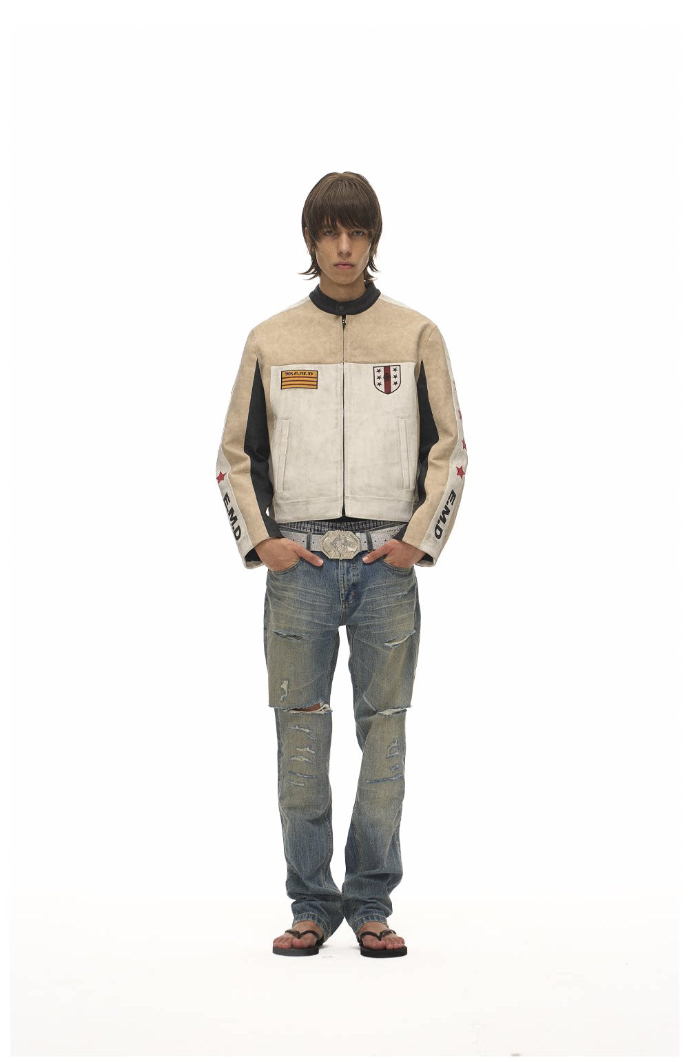 Color-Block Star Motorcycle Leather Jacket