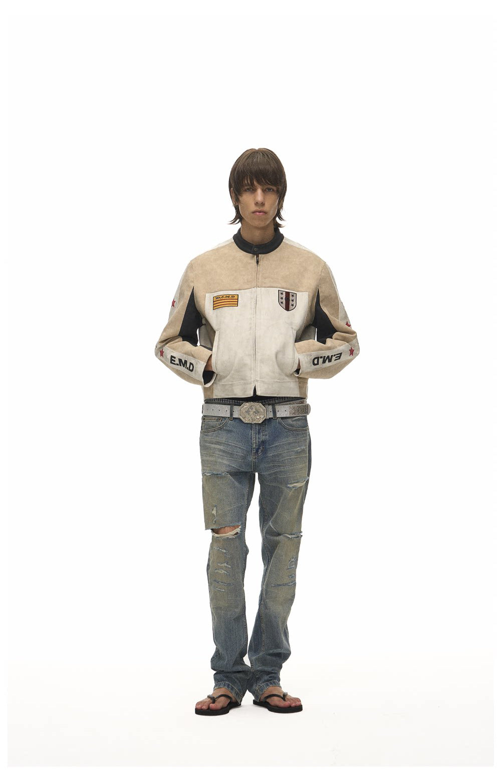Color-Block Star Motorcycle Leather Jacket