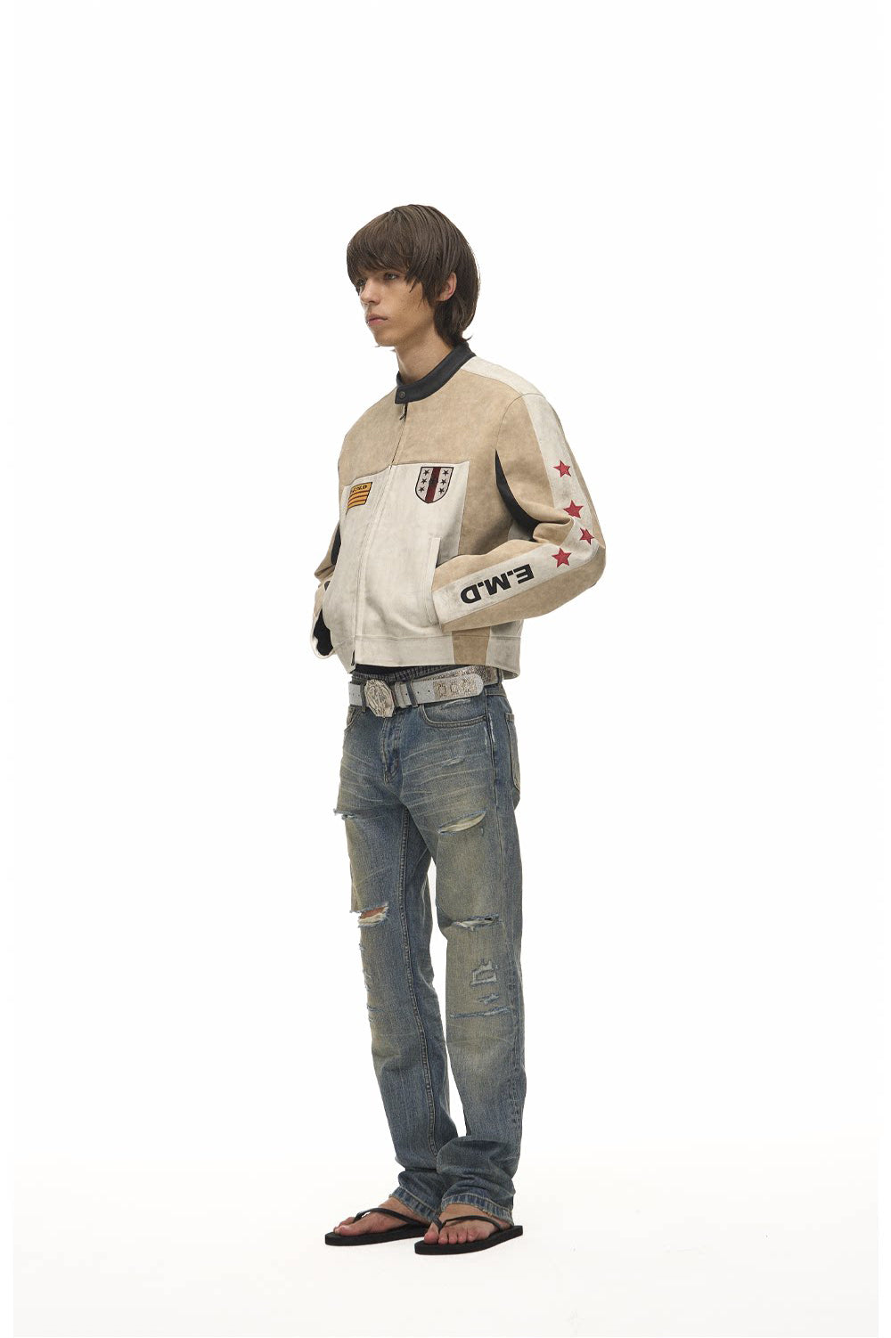 Color-Block Star Motorcycle Leather Jacket