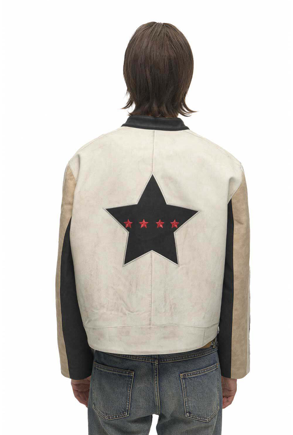 Color-Block Star Motorcycle Leather Jacket