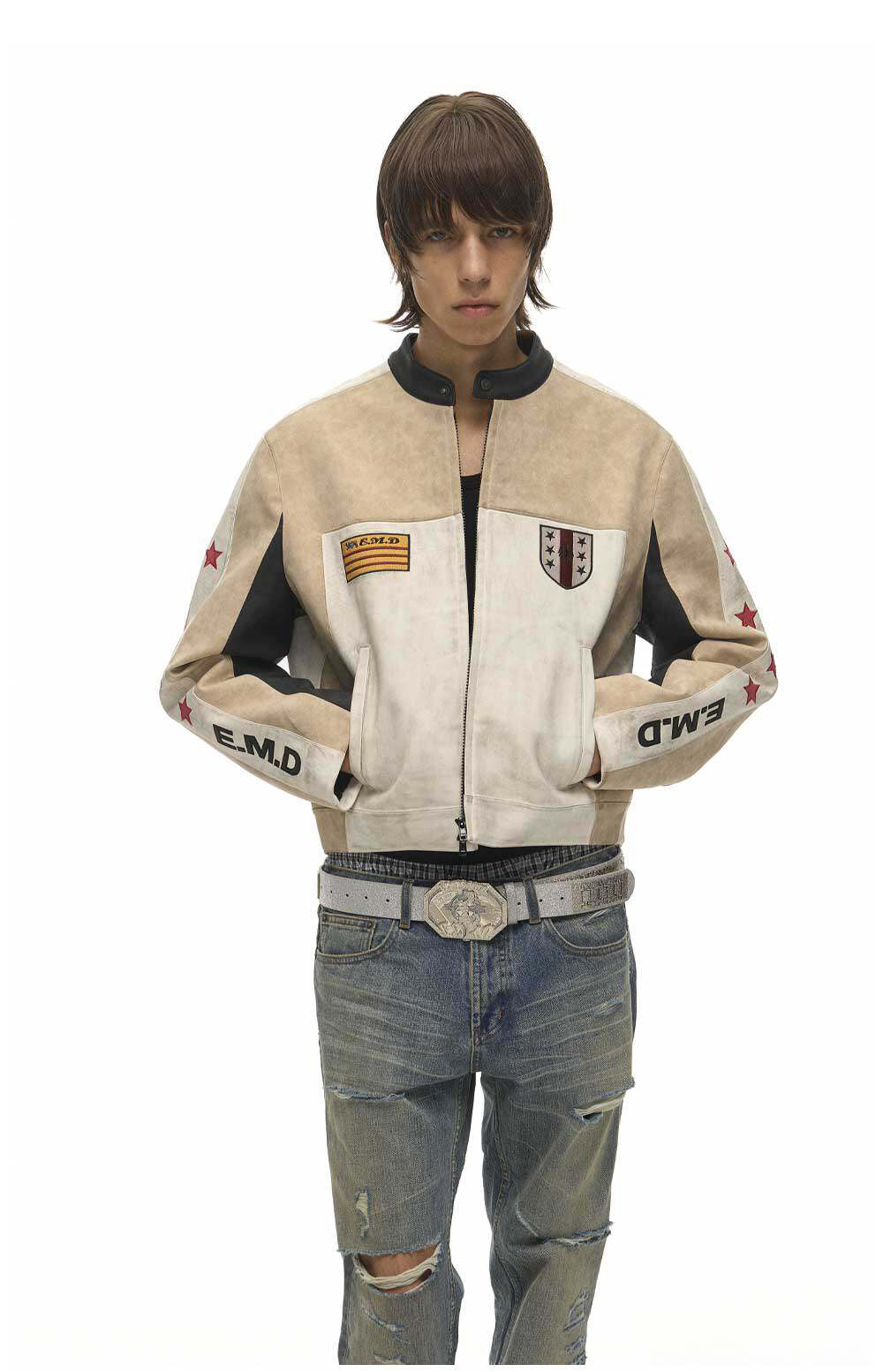 Color-Block Star Motorcycle Leather Jacket