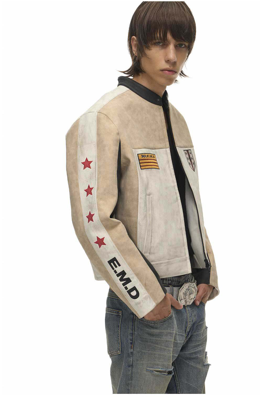 Color-Block Star Motorcycle Leather Jacket