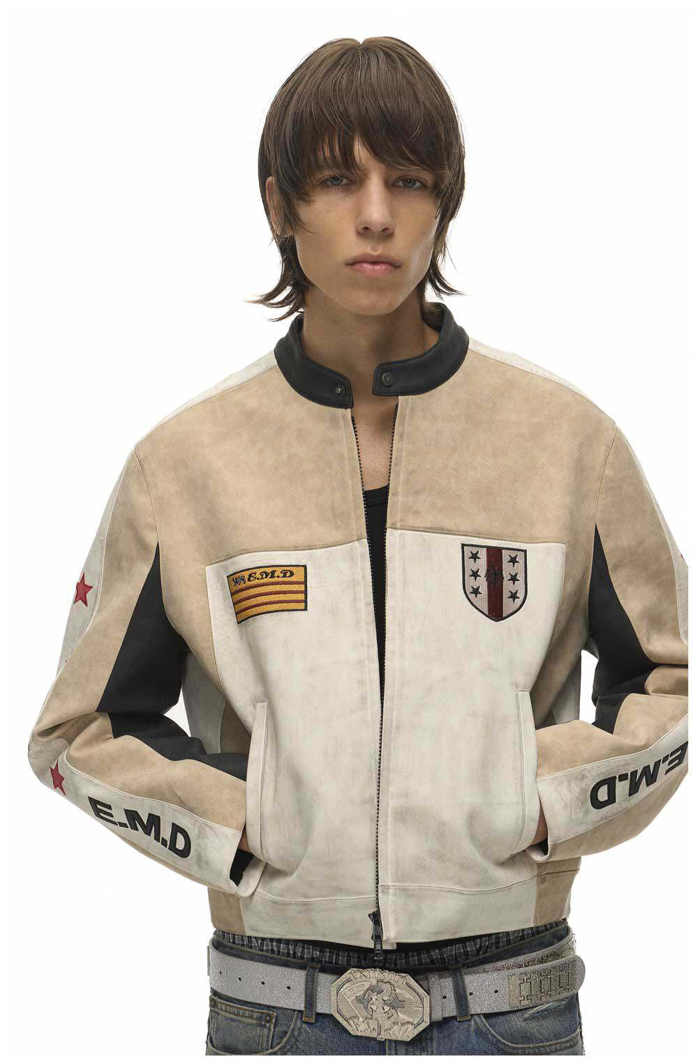 Color-Block Star Motorcycle Leather Jacket
