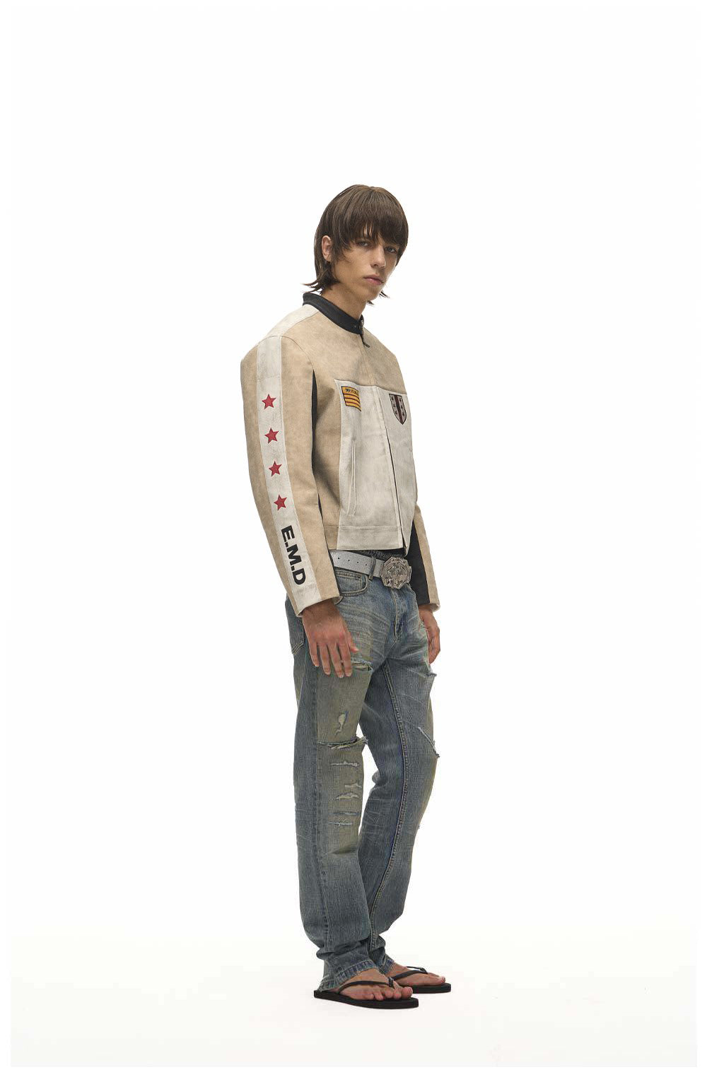 Color-Block Star Motorcycle Leather Jacket
