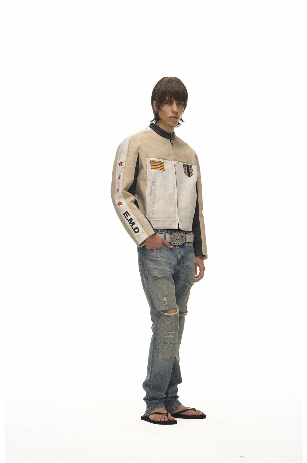 Color-Block Star Motorcycle Leather Jacket