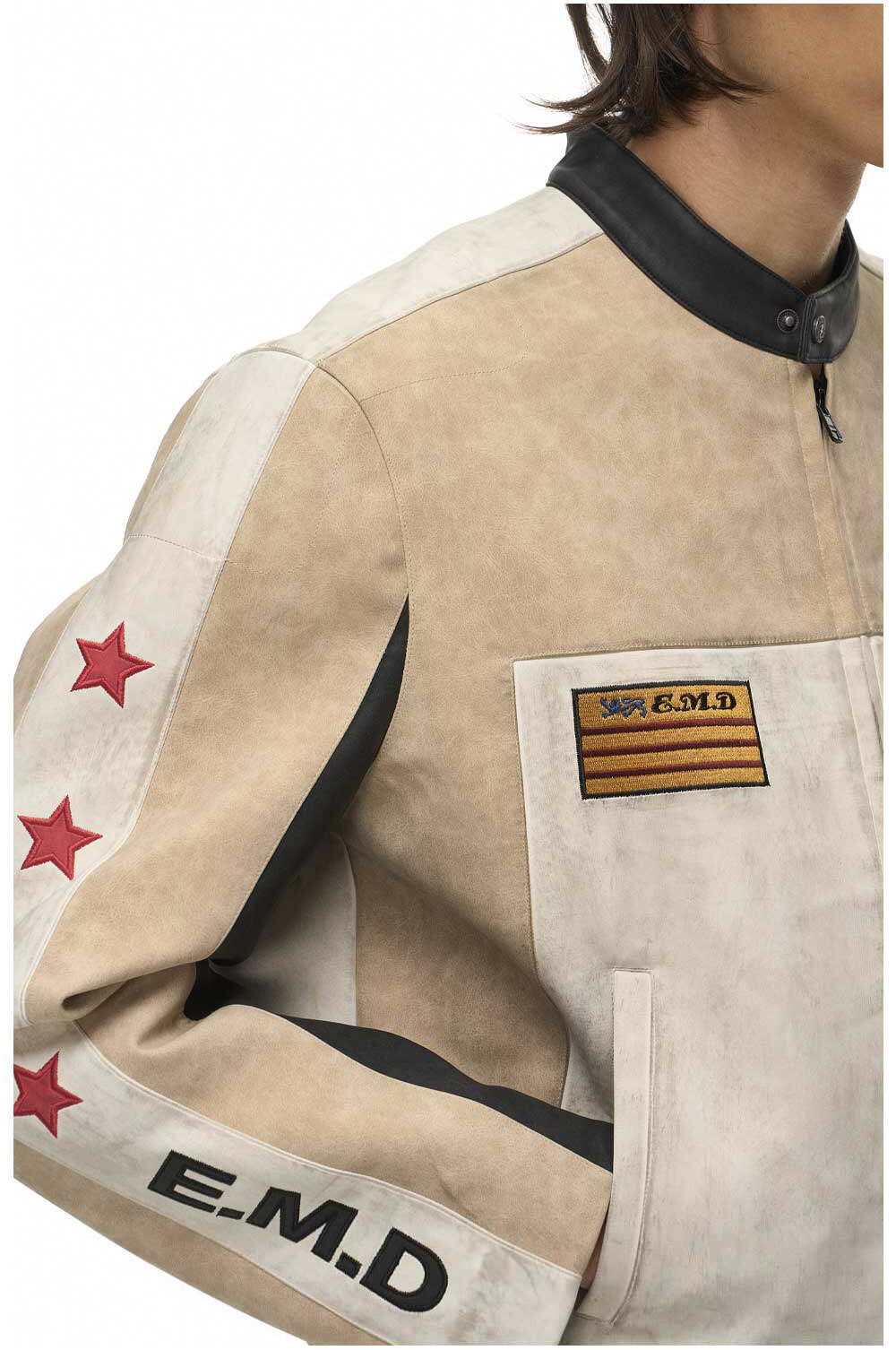Color-Block Star Motorcycle Leather Jacket
