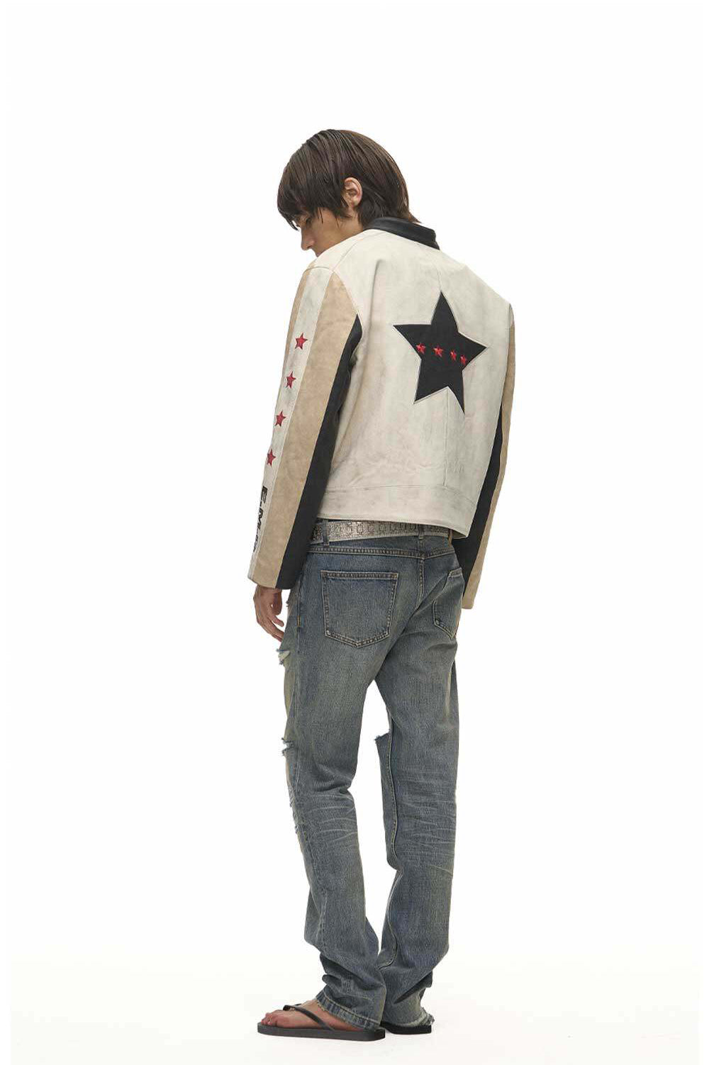 Color-Block Star Motorcycle Leather Jacket