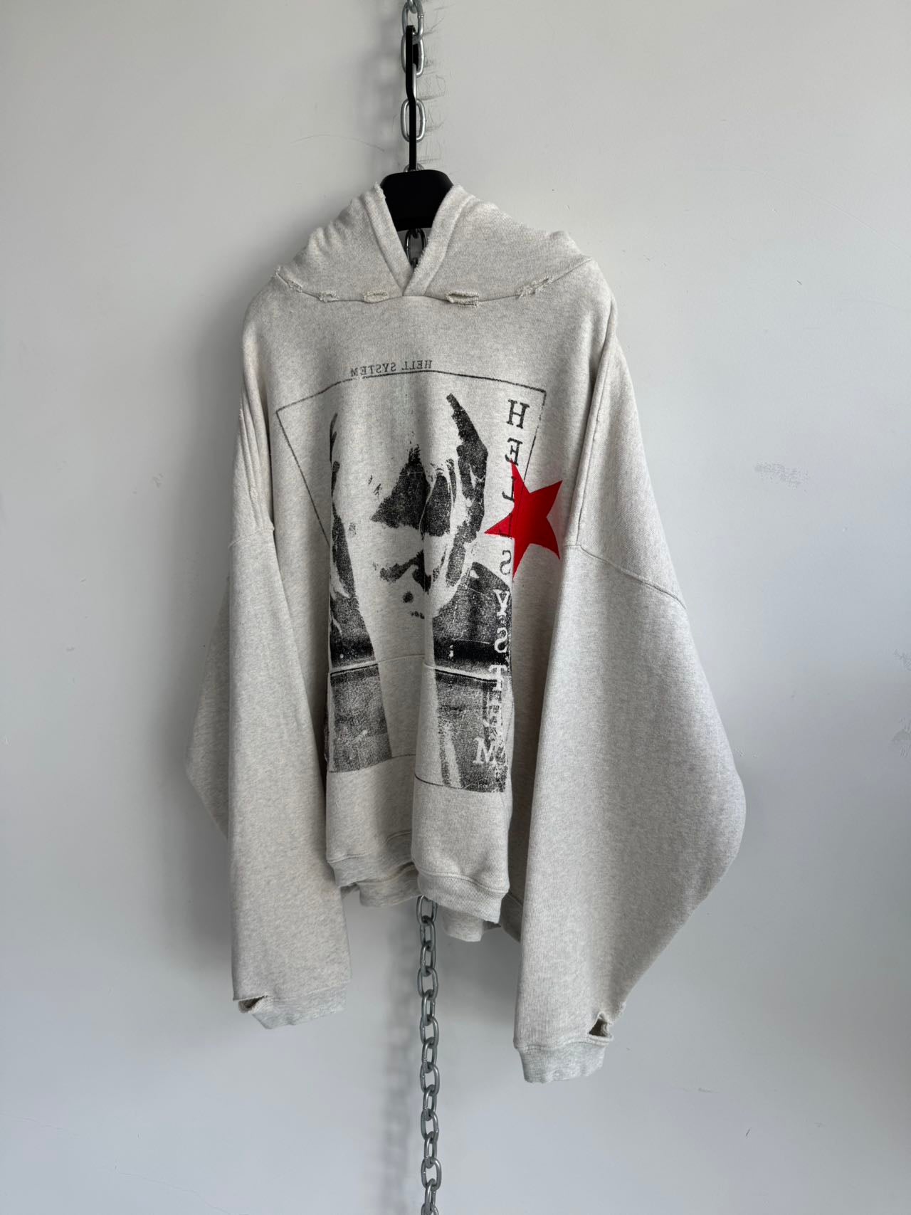 Distressed Short-Sleeve Wide-Fit Pure Cotton Hoodie