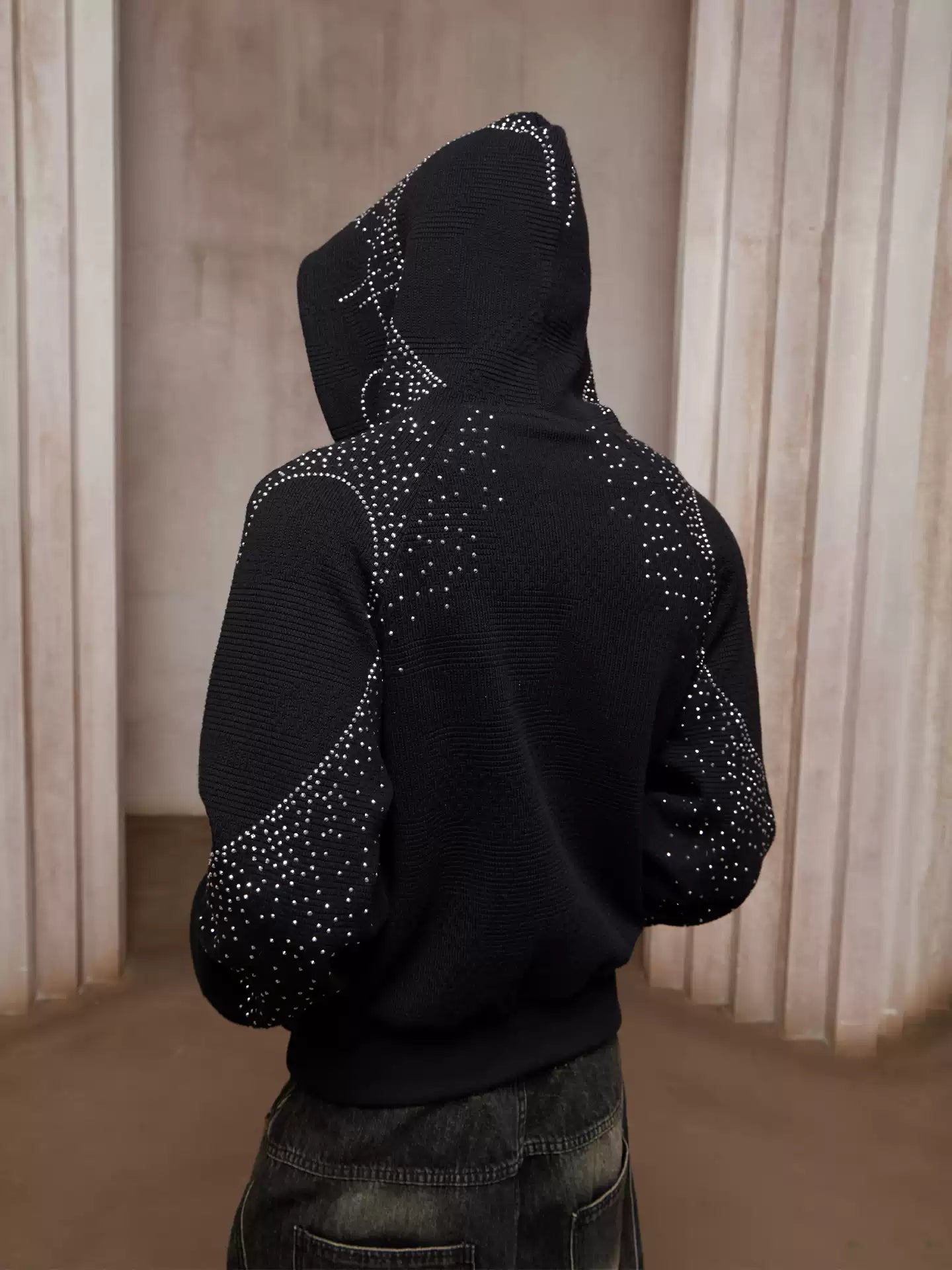 Rhinestone Short Wide Zipper Hoodie