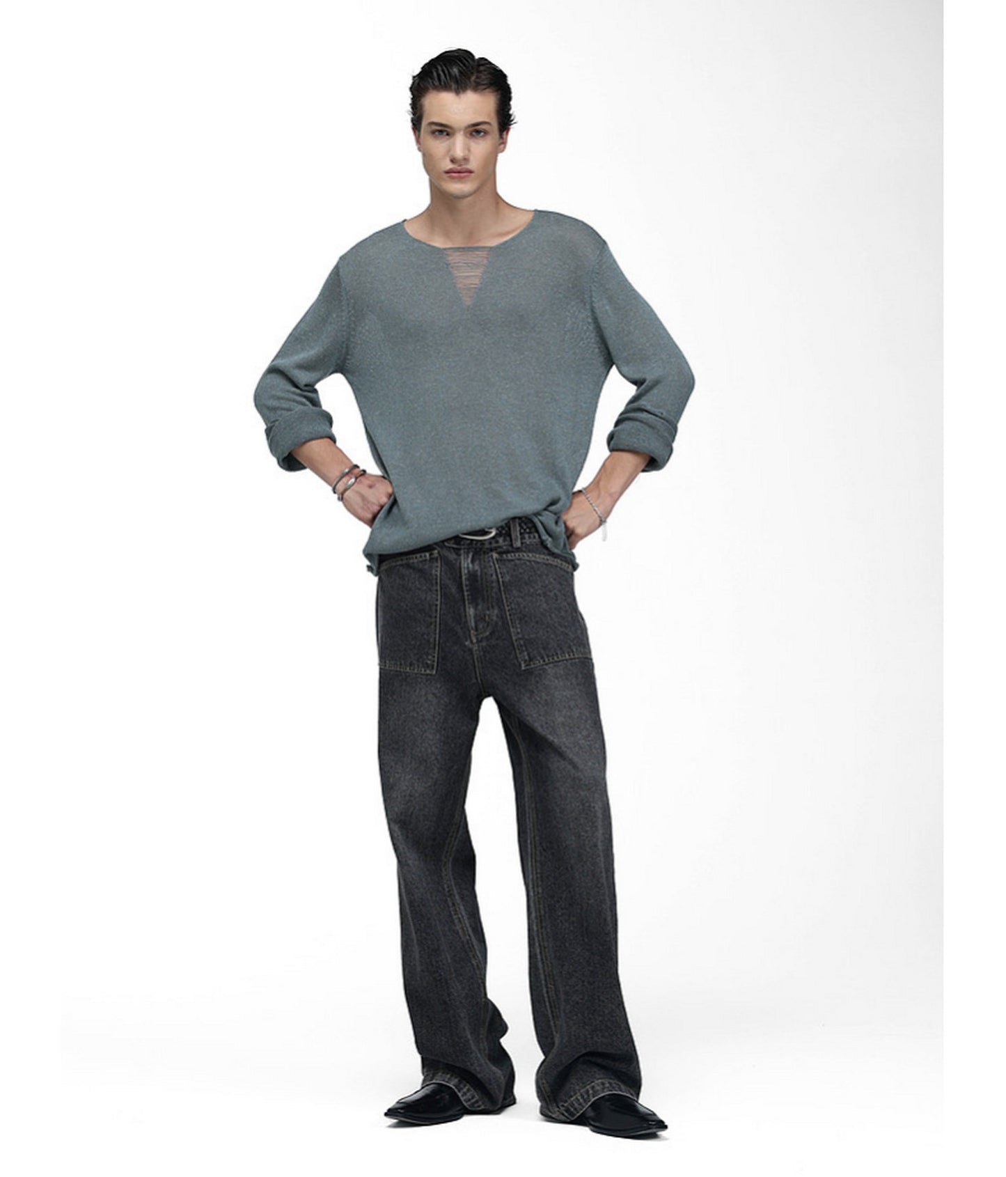 V-Neck Drawstring Lightweight Knit Shirt