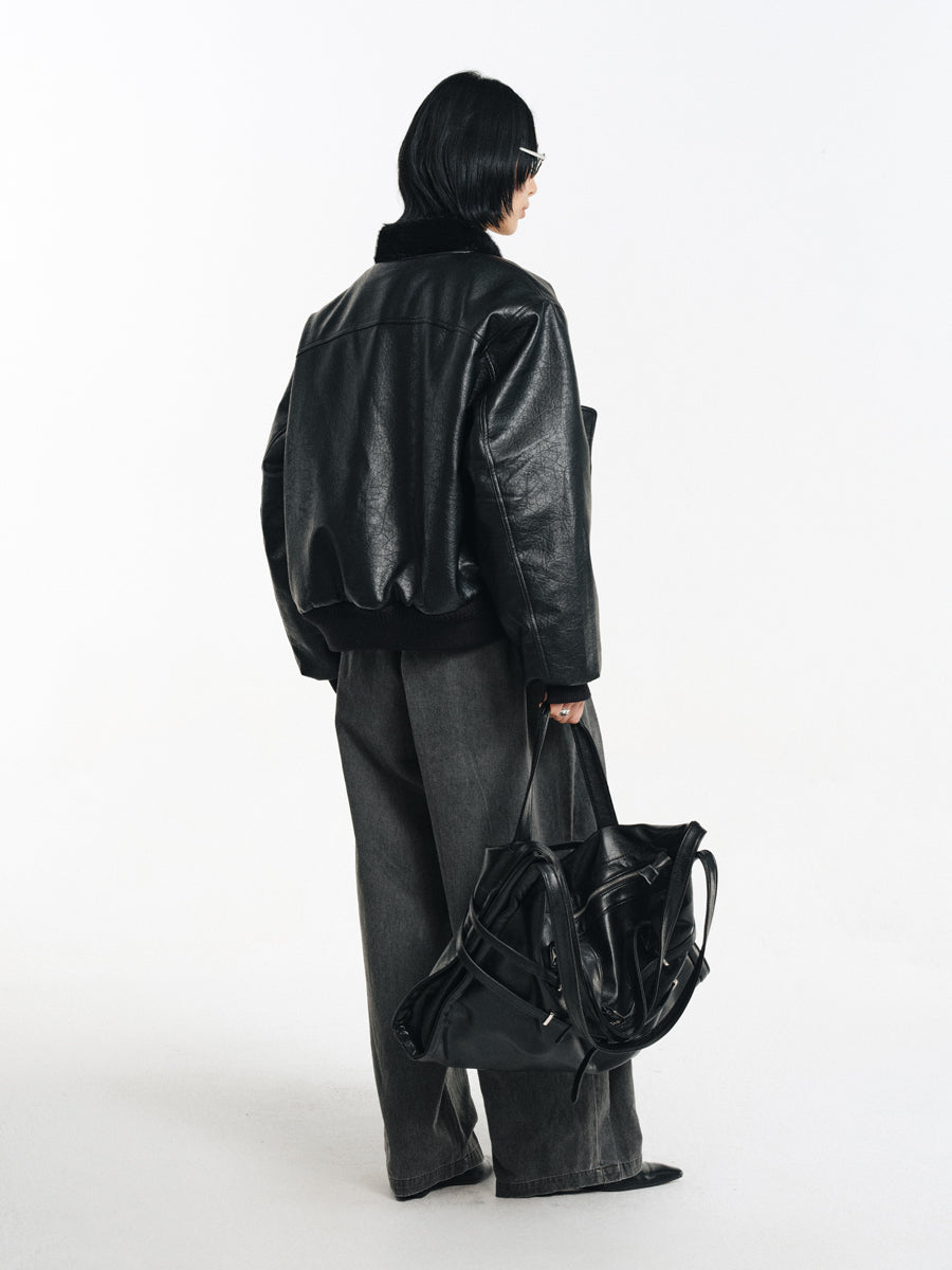 Stand collar faux leather jacket