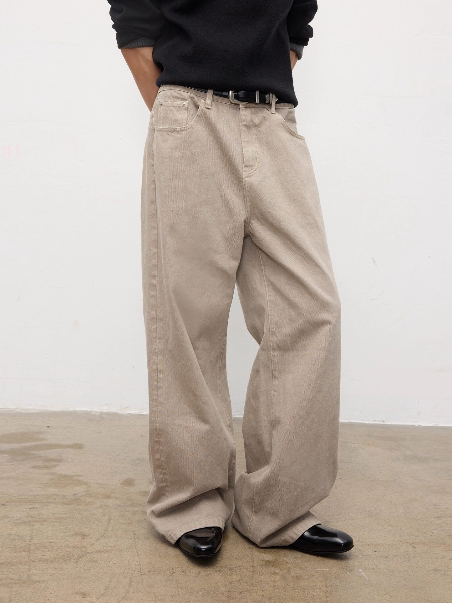 Wash-processed straight denim pants