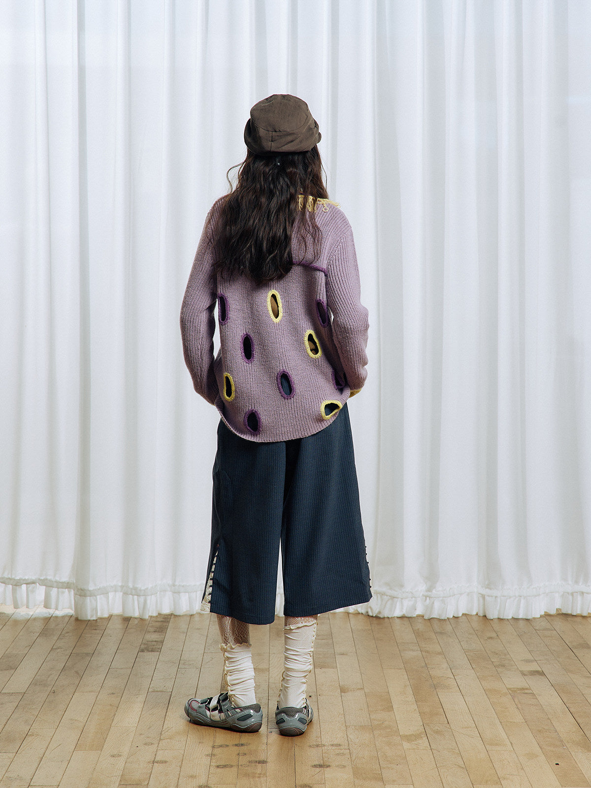 Hollowed-out wool blend cardigan