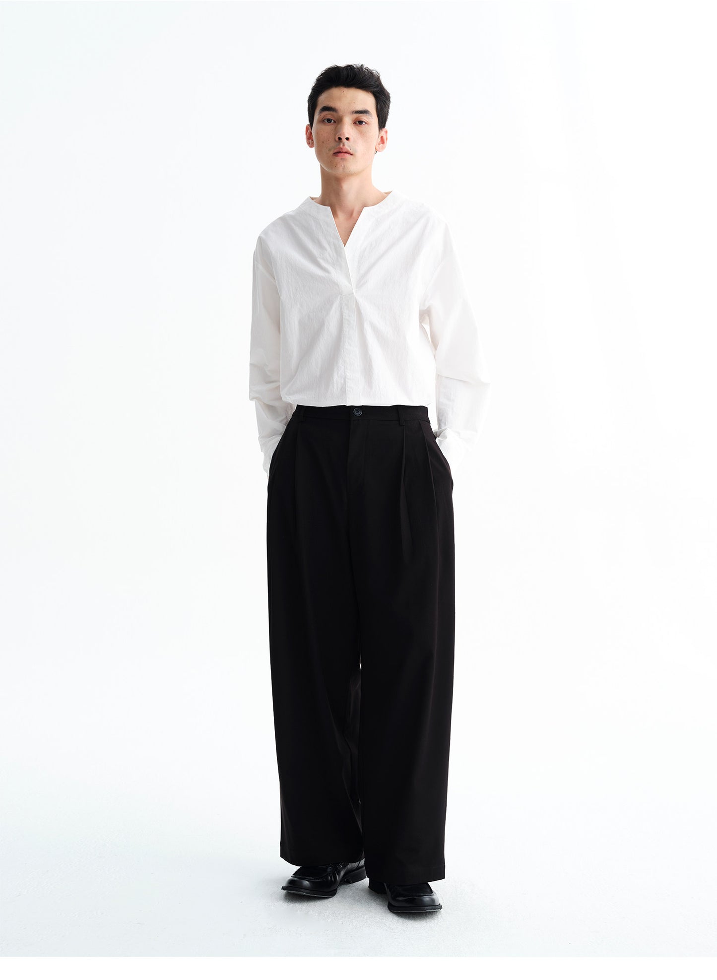 Wool Blend Double-Pleated Casual Pants