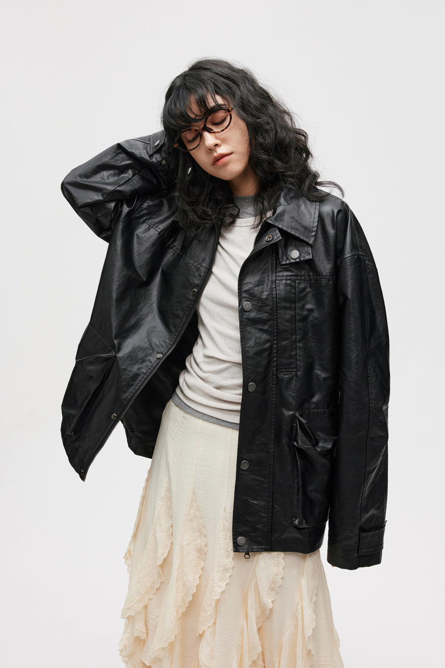 Imitation leather mid-length jacket