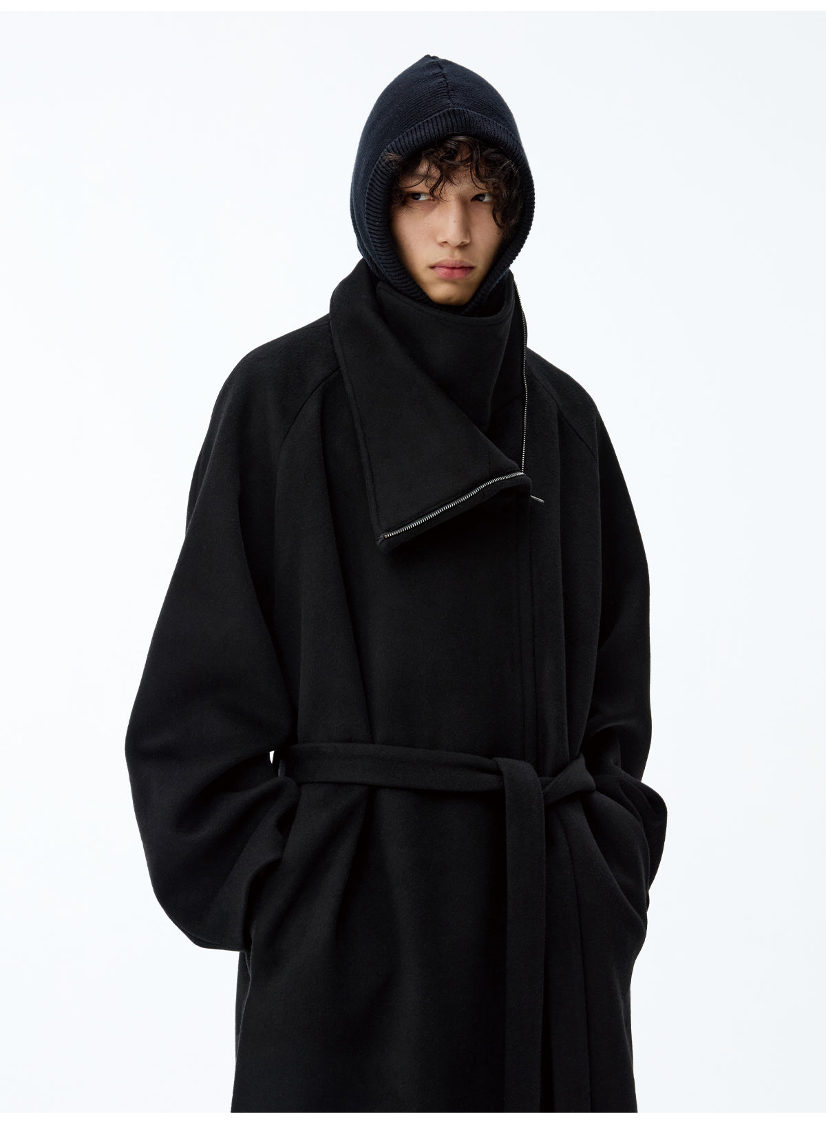 Diagonal Zipper Wool Coat