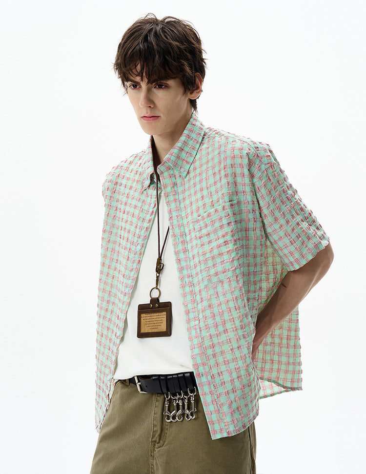 Casual seersucker plaid shirt