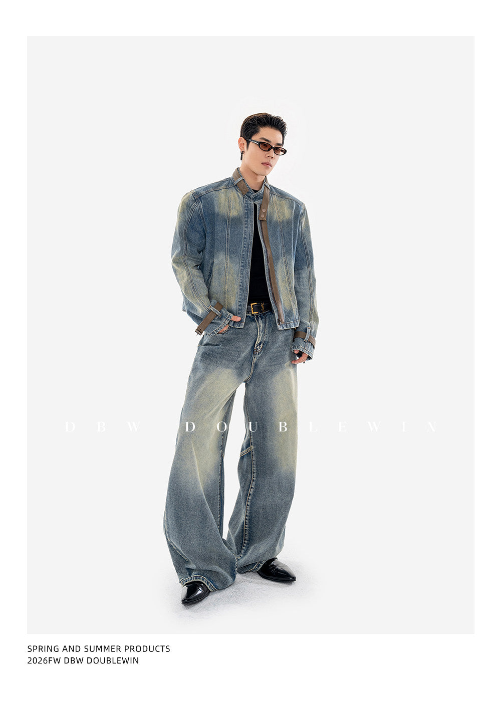 Vintage-Washed Padded-Shoulder Denim Jacket Set