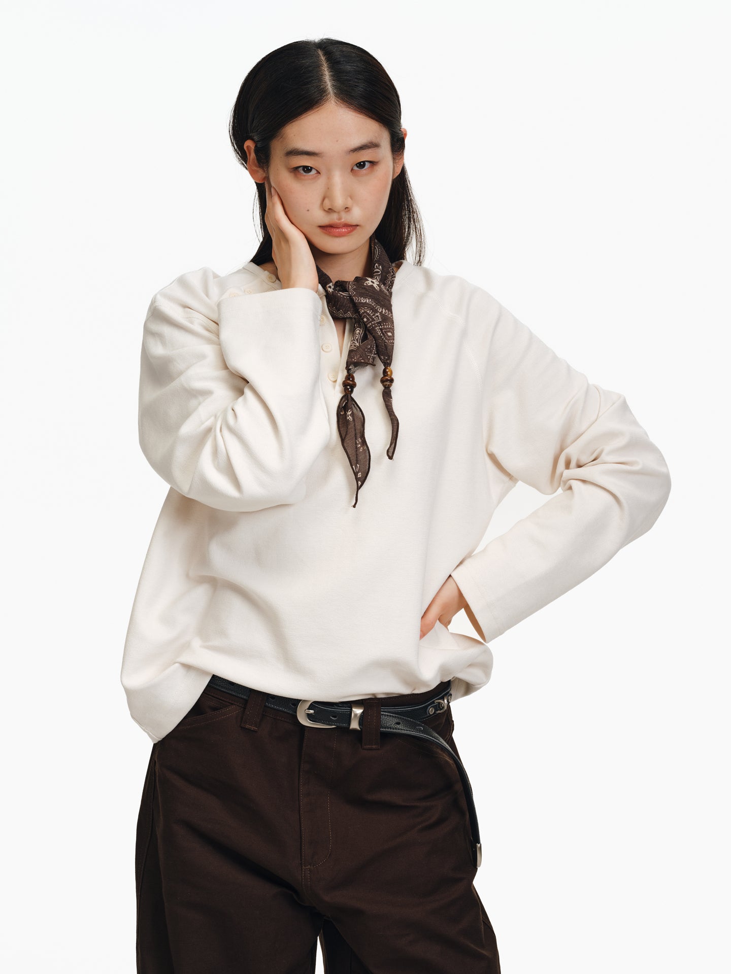 Henry Collar Diagonal Button T-Shirt