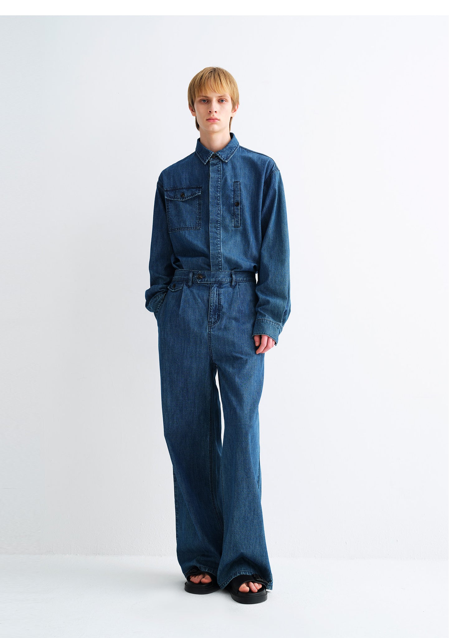 Wash-Finish Wide-Leg Denim Pants