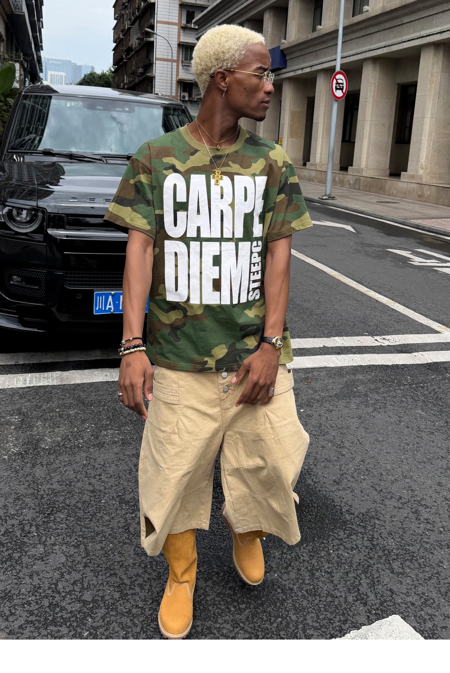 Casual Loose-Fit Round-Neck T-Shirt with Camouflage Print
