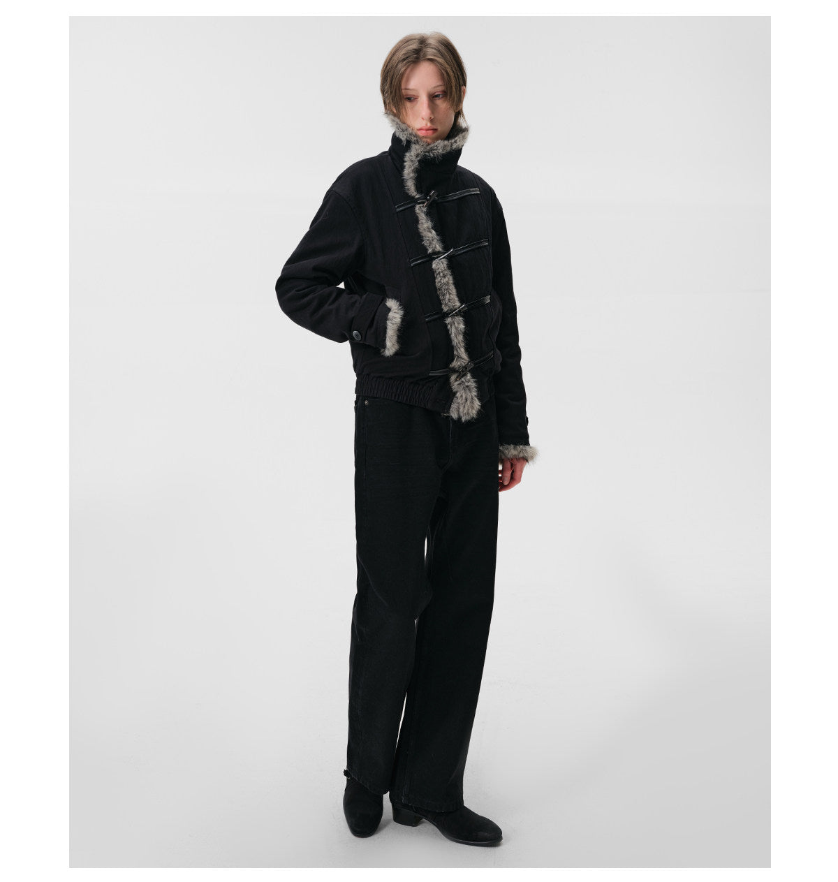 Leather-Laced Cow Horn Button Fur Jacket
