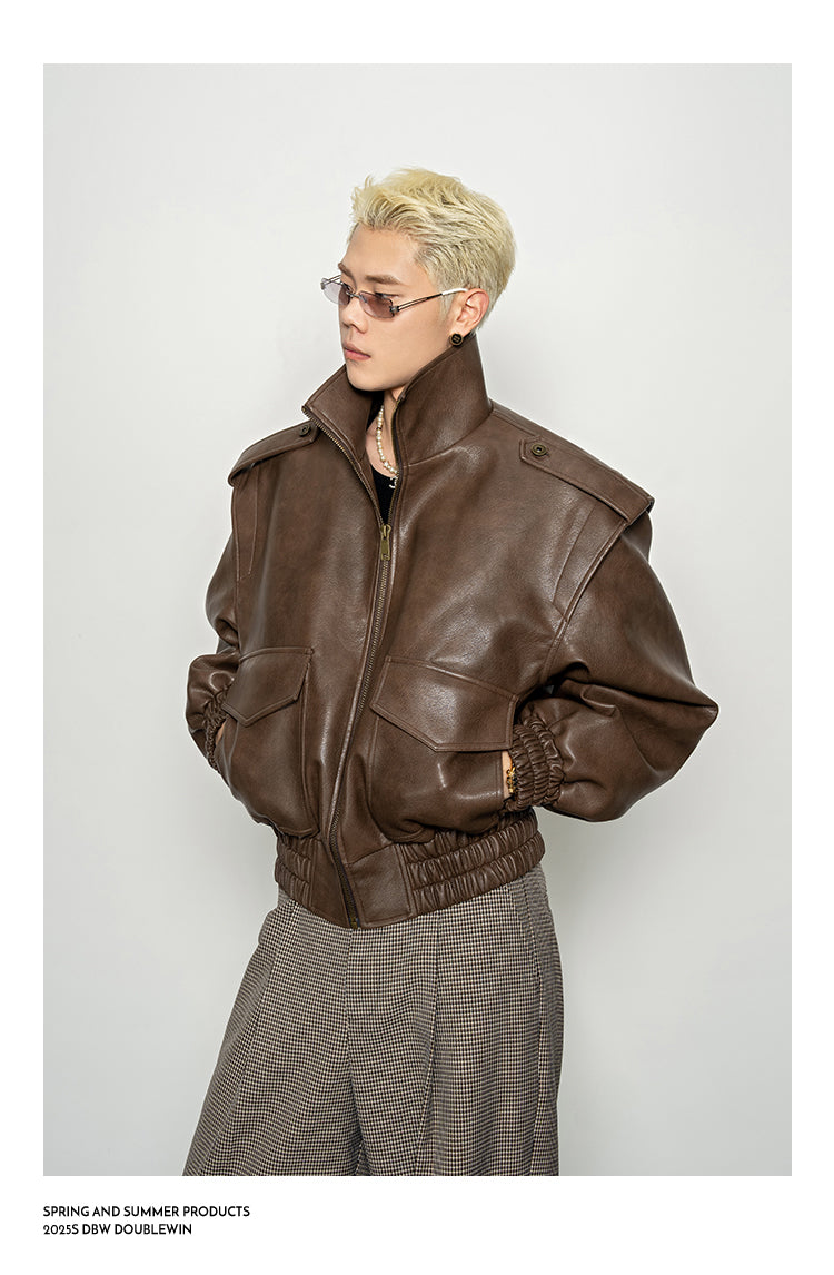 Wide-Shoulder High-Neck Leather Jacket