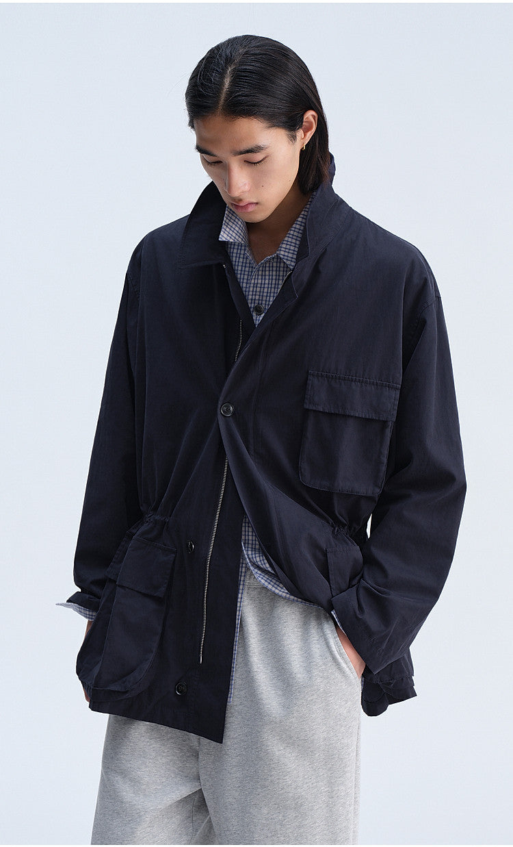 Work Jacket with Waist Drawstring and Relaxed Fit