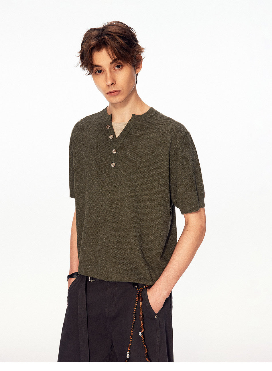 Solid-Color Faux Two-Piece Knit Shirt
