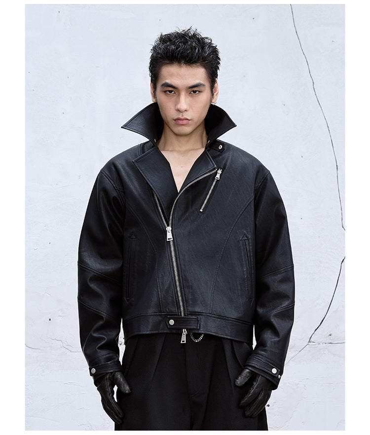 Diagonal Zipper Leather Jacket