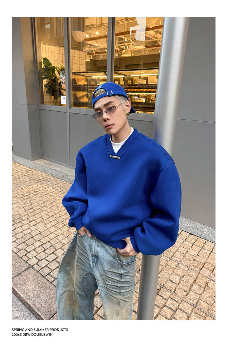 Wide-Shoulder Airy V-Neck Sweatshirt