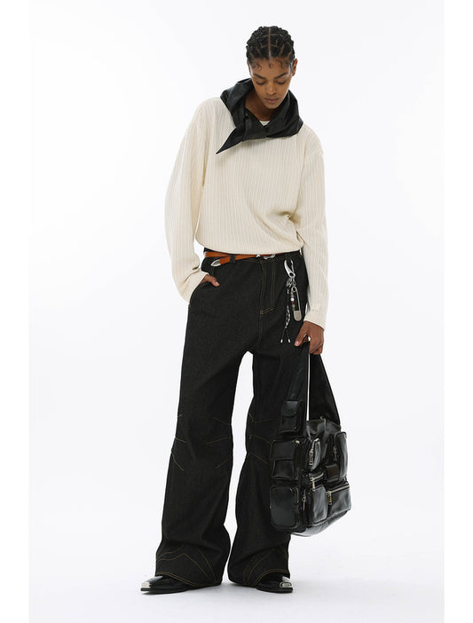 Tri-fold twill micro-flare jeans with geometric contrast construction