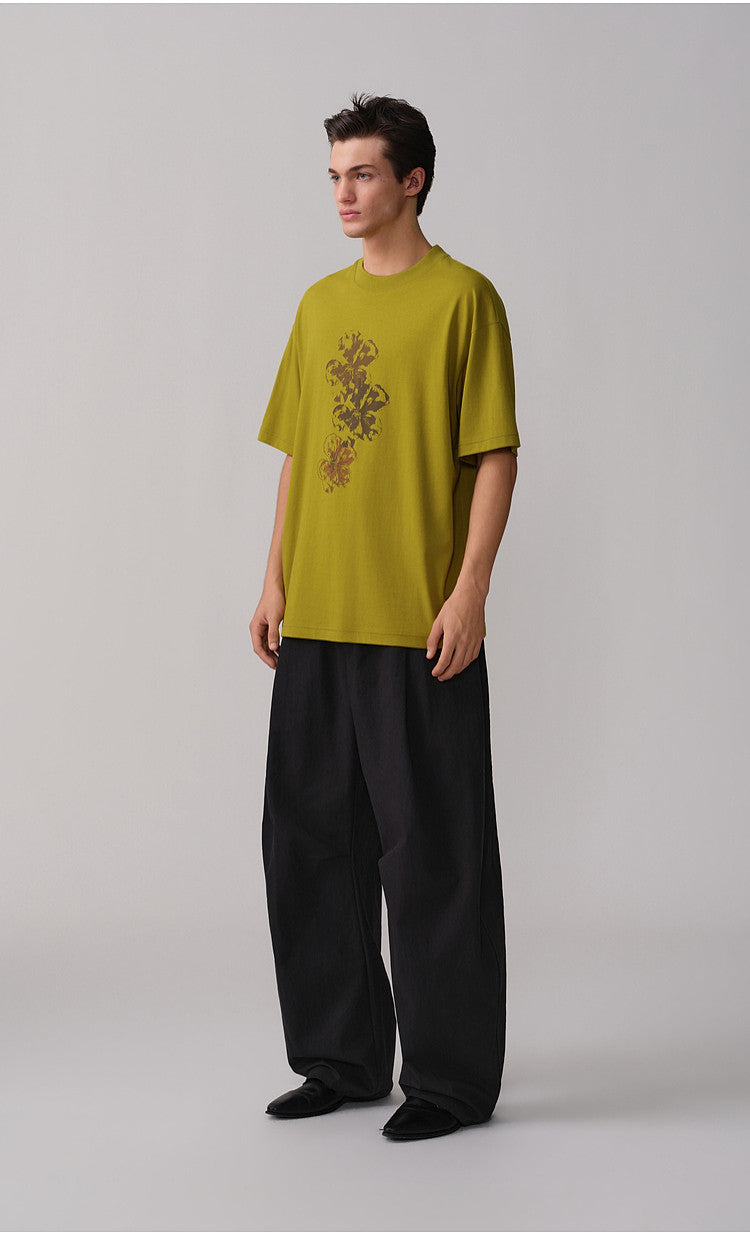 Round-Neck Ribbed Collar Drop-Shoulder T-Shirt