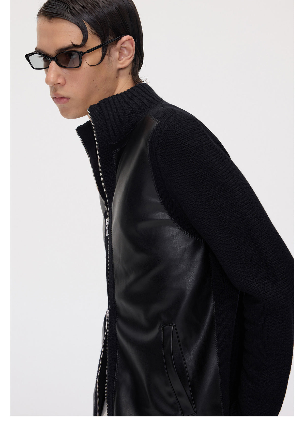 Stand-Collar Jacket with Patchwork Ribbing