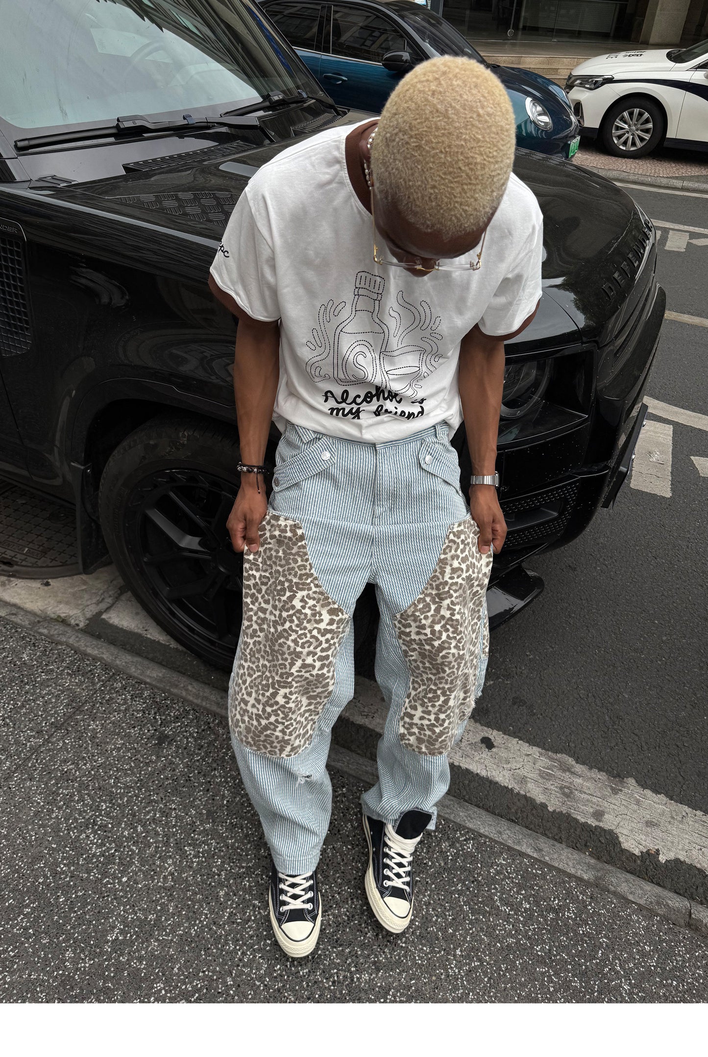 Leopard-Print Patchwork Denim Shorts