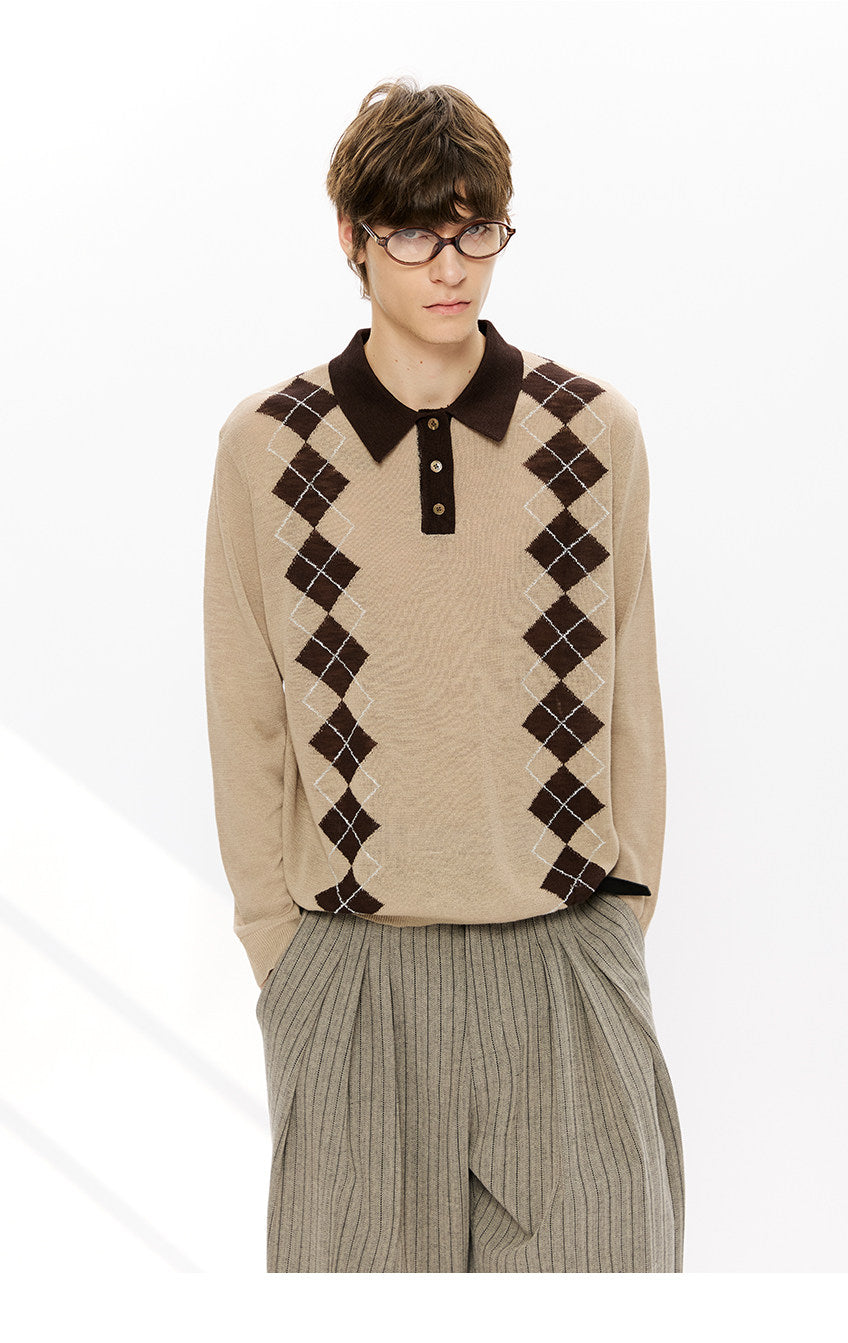 Diamond-pattern knit polo shirt