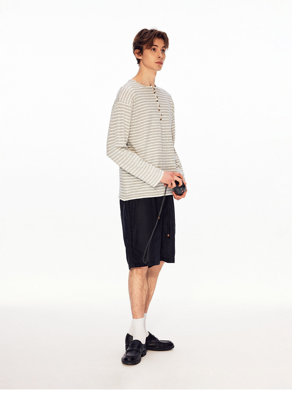 Henry-Collar Linen Striped T-Shirt