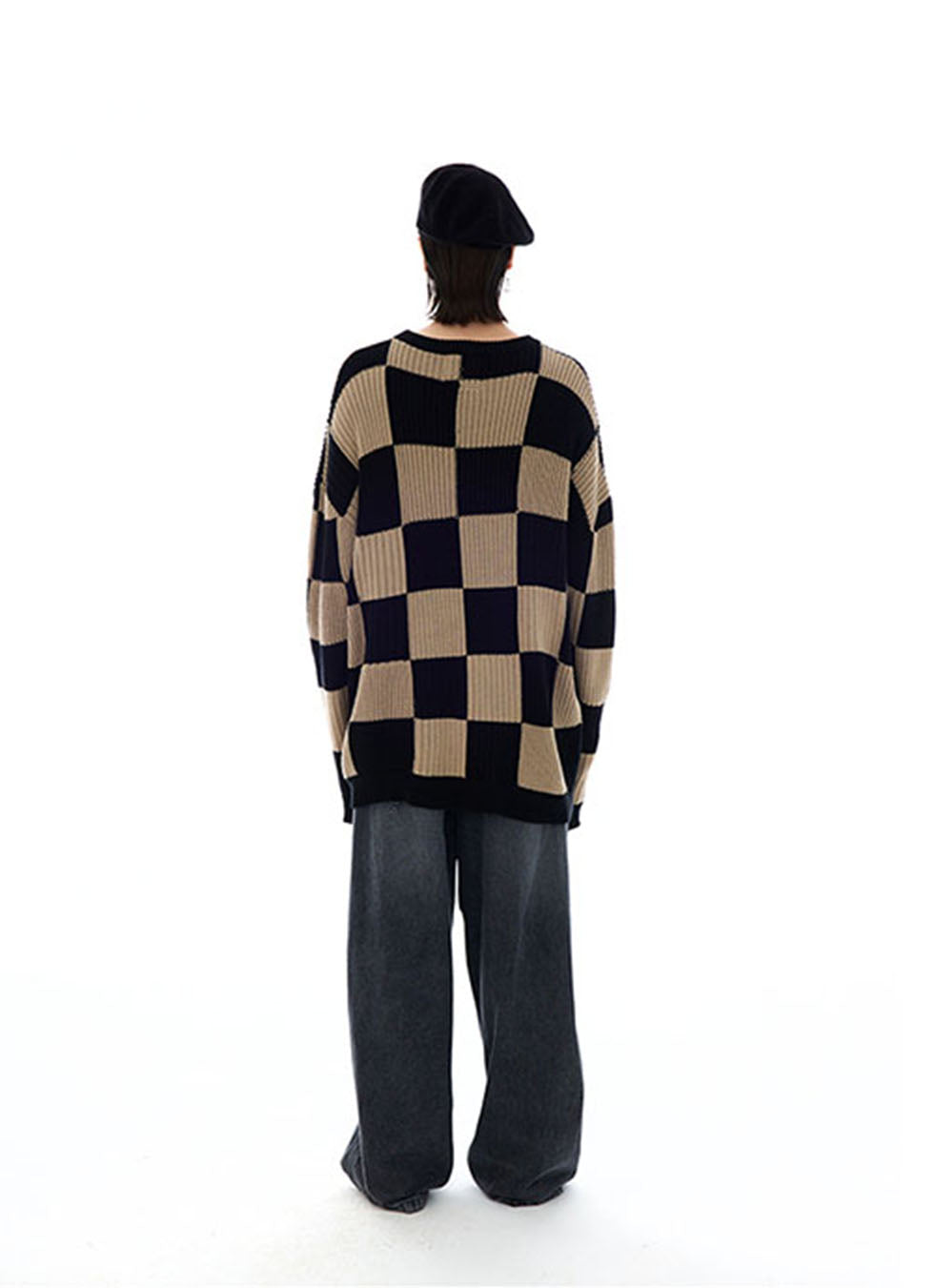 Checkerboard Round Neck Oversized Sweater