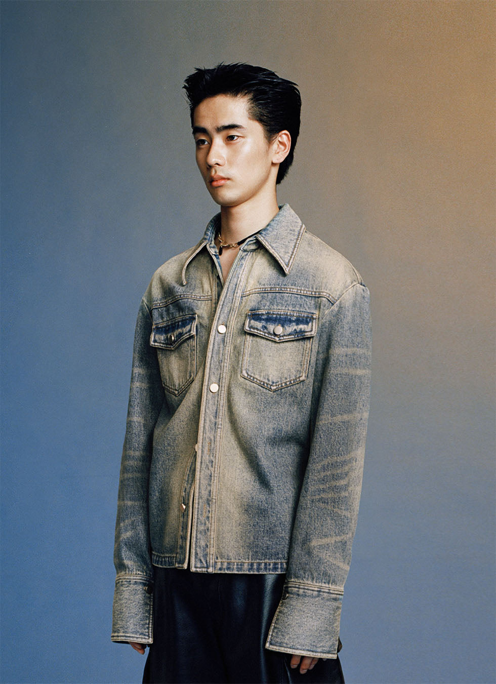 Washed Pointed Collar Shirt-Style Denim Jacket