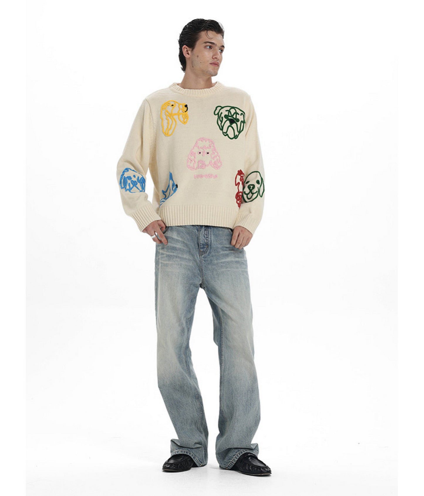 Hand-Knitted Floral-Print Round-Neck Sweater