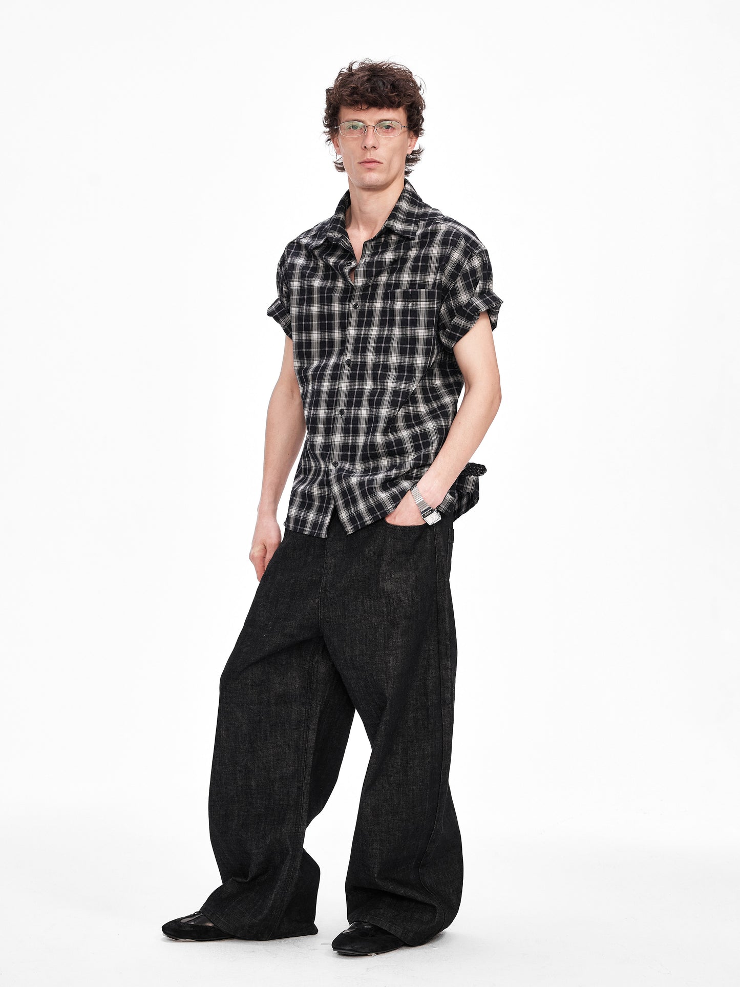 Checkered Shirt with Rolled-Up Sleeves