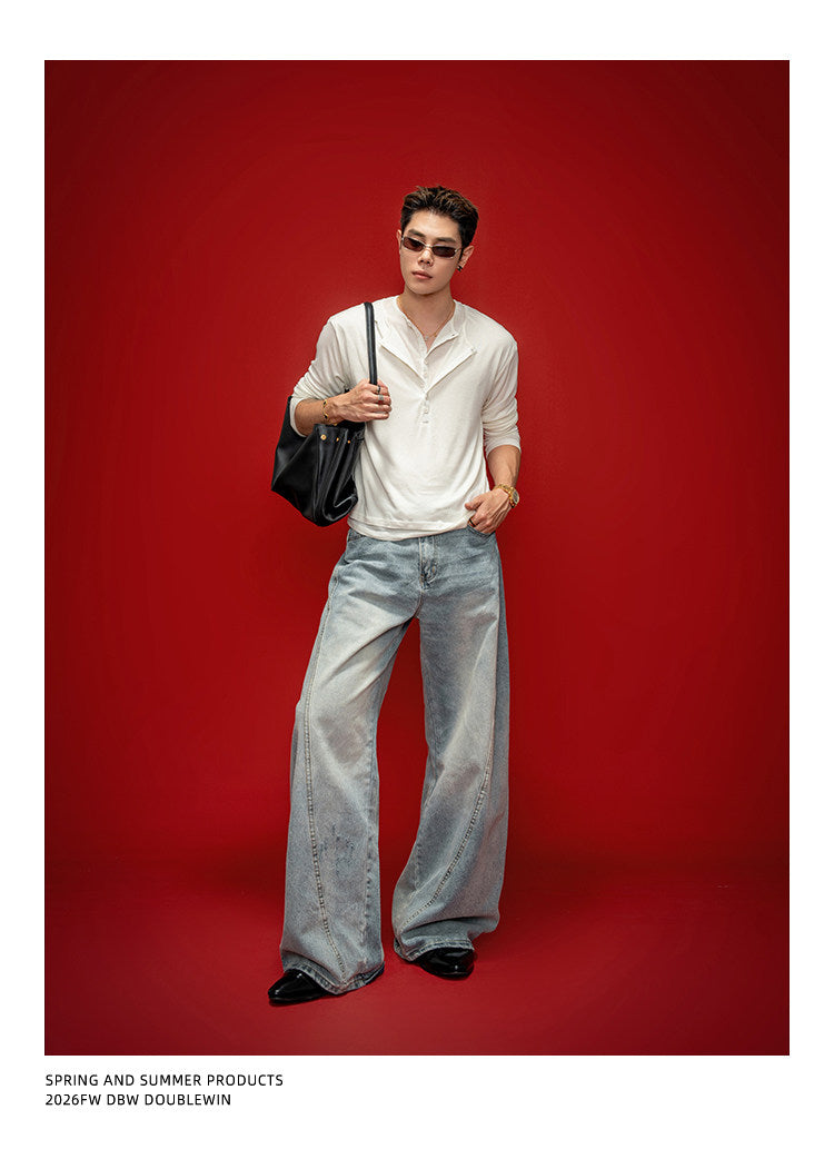 Faux Two-Piece Henley-Neck Shirt
