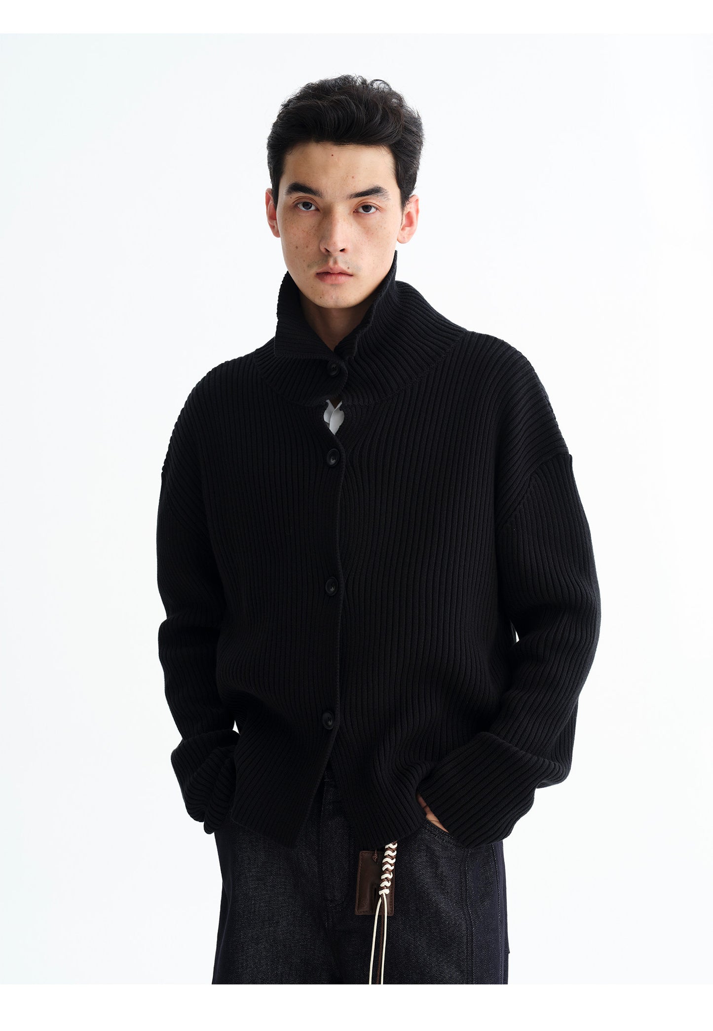 High-Neck Rib-Knit Cardigan