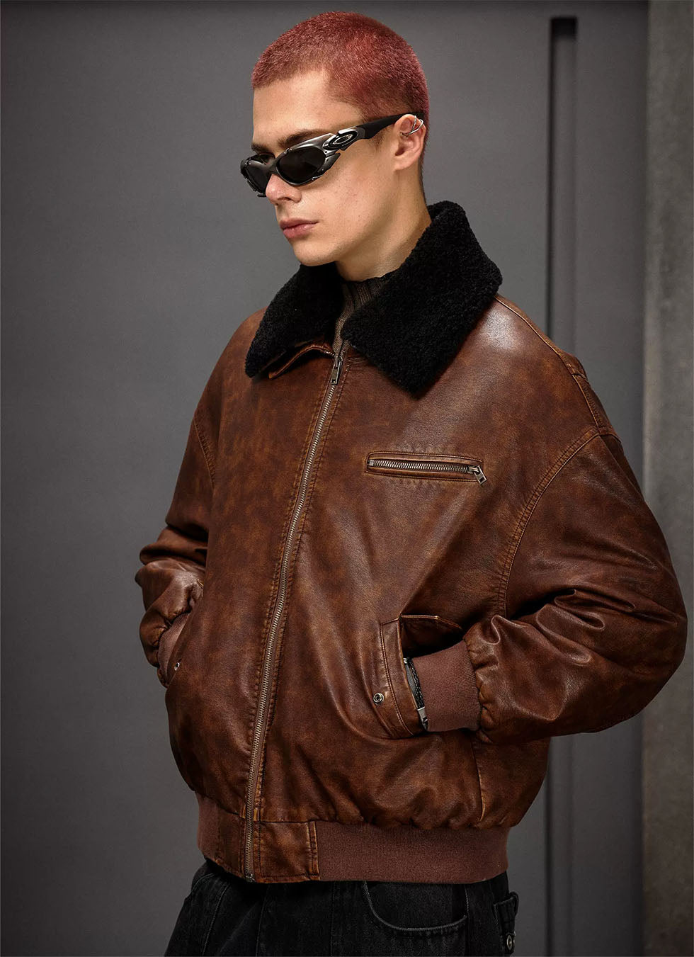 Detachable collar lapel PU leather jacket